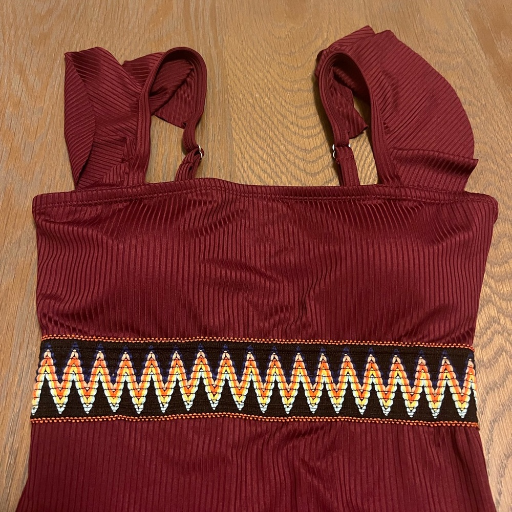 Burgundy Ribbed One Piece Swimsuit Ruffle Straps Geometric Embroidered Waist - Picture 3 of 7